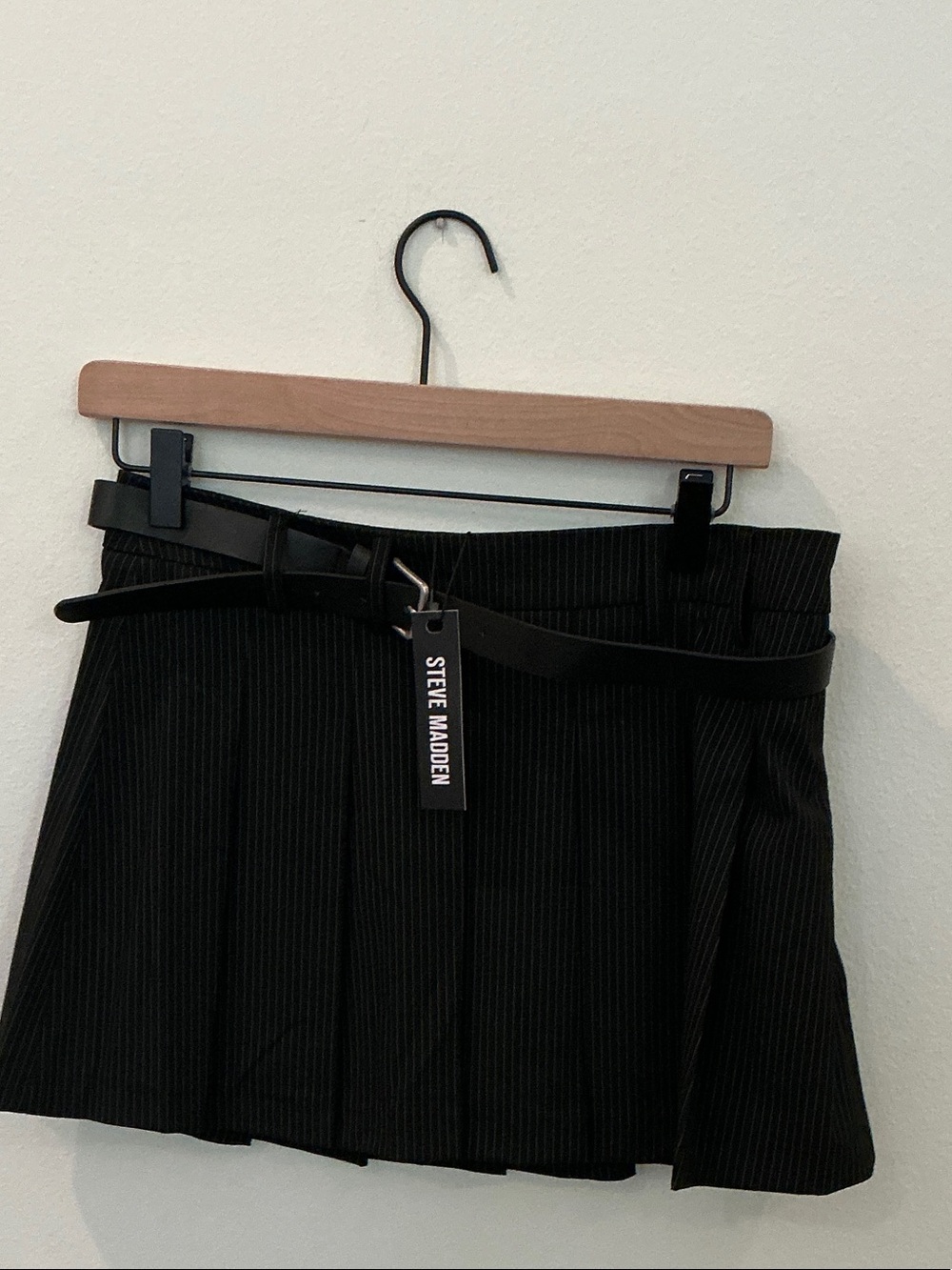 Steve Madden Black Pinstripe Pleated Mini Skirt with Belt Tag